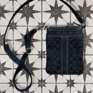 Coach Black Signature Canvas Crossbody Bag Leather Trim Adjustable Strap